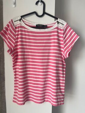 Ralph Lauren Pink and White Striped Top Shoulder Zip 100% Cotton Tee Size XL